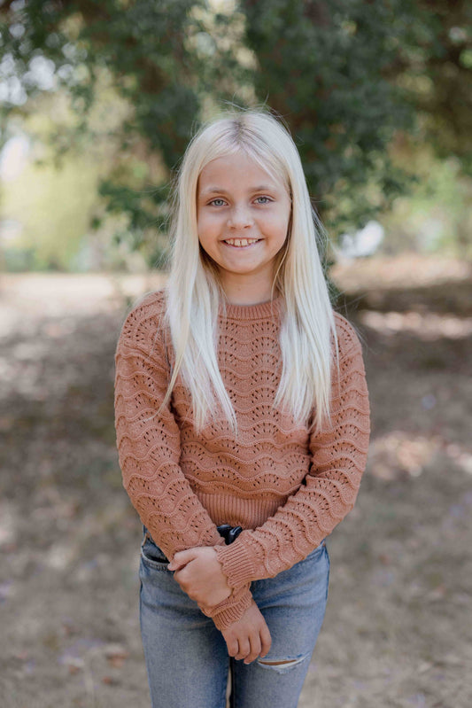 Young girl modeling Pull Over Wavy Pointelle Sweater