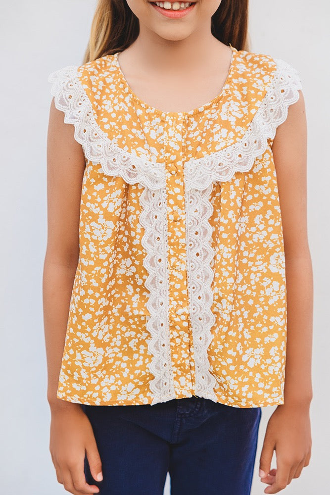 Girls Lace Ditsy Print Buttoned Tank - Blossom & Lily