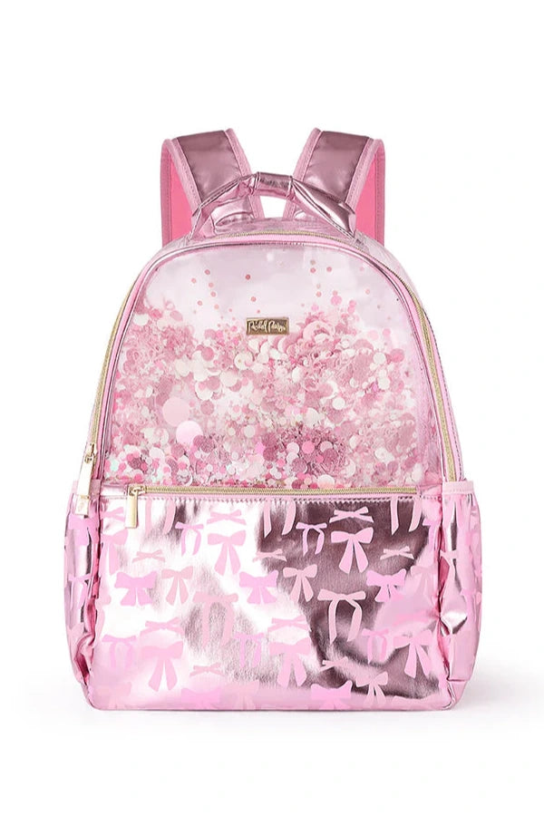 Pink glittery backpack with clear front pocket on a white background