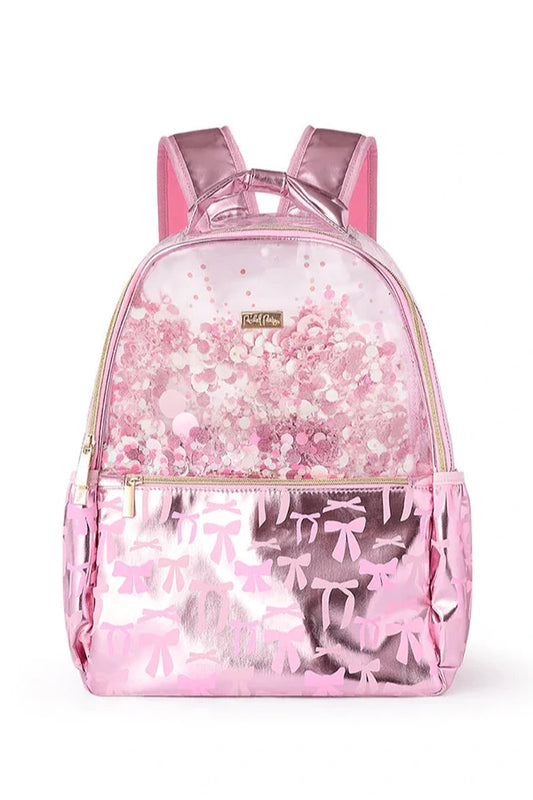 Pink glittery backpack with clear front pocket on a white background