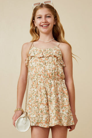 Girls Ditsy Floral Button Detail Ruffle Tank Romper