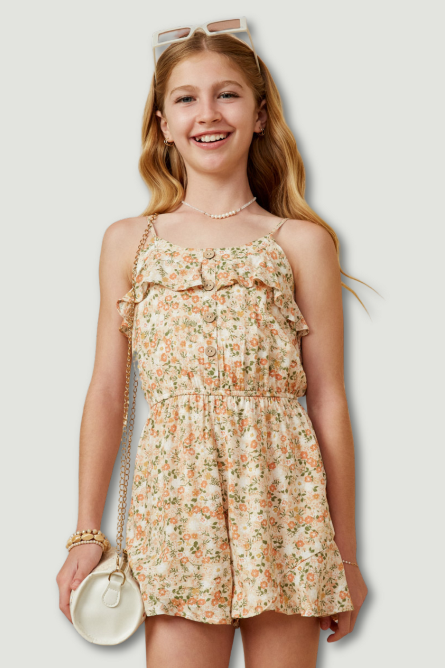 Girls Ditsy Floral Button Detail Ruffle Tank Romper - Blossom & Lily