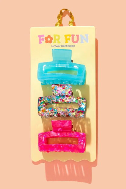 3 pack of hair claw clips for girls, colorful confetti, blue and pink.