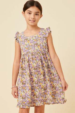 Girls Floral Ruffle Hem Square Neck Tank Dress