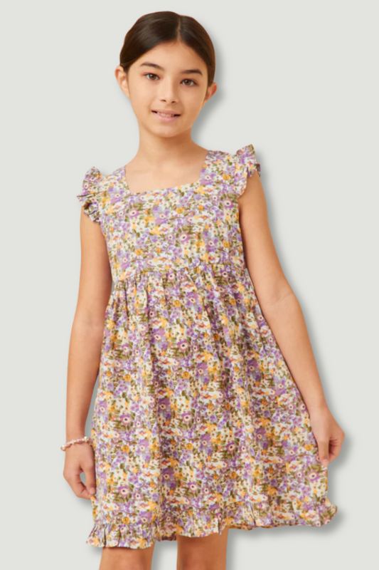 Girls Floral Ruffle Hem Square Neck Tank Dress - Blossom & Lily