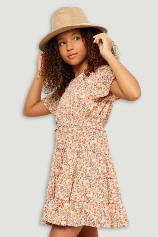 Girls Flutter Sleeve Smocked Waist V Neck Dress - Blossom & Lily