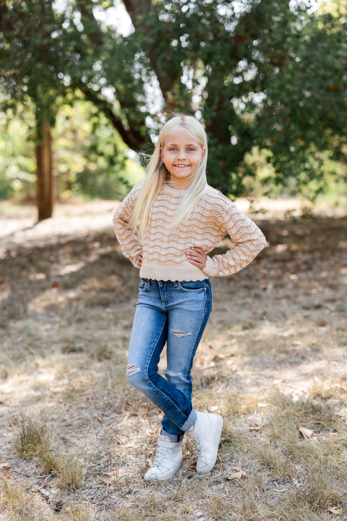 Girl wearing Girls Pull Over Wavy Pointelle Sweater-Striped