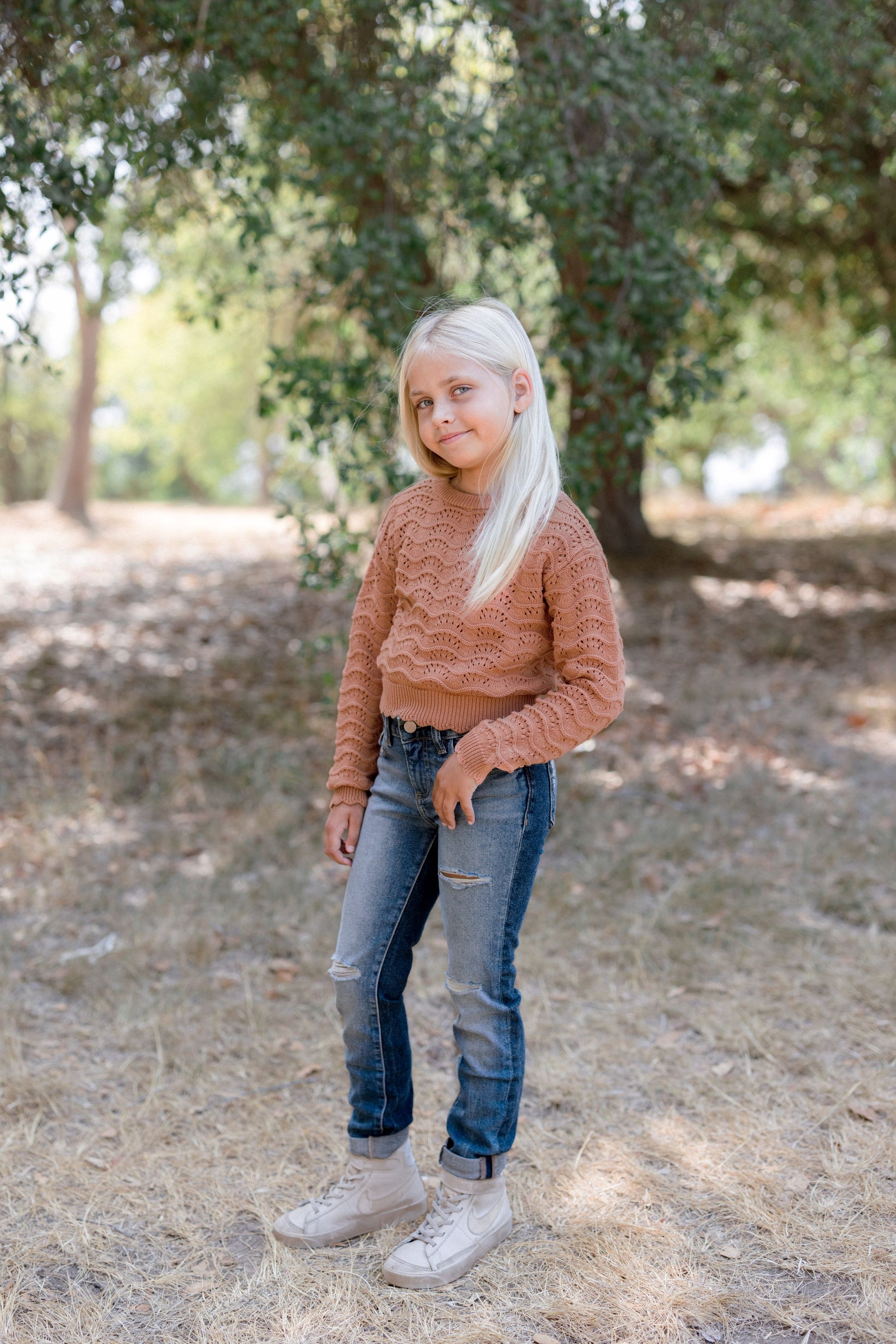 Young girl modeling Pull Over Wavy Pointelle Sweater