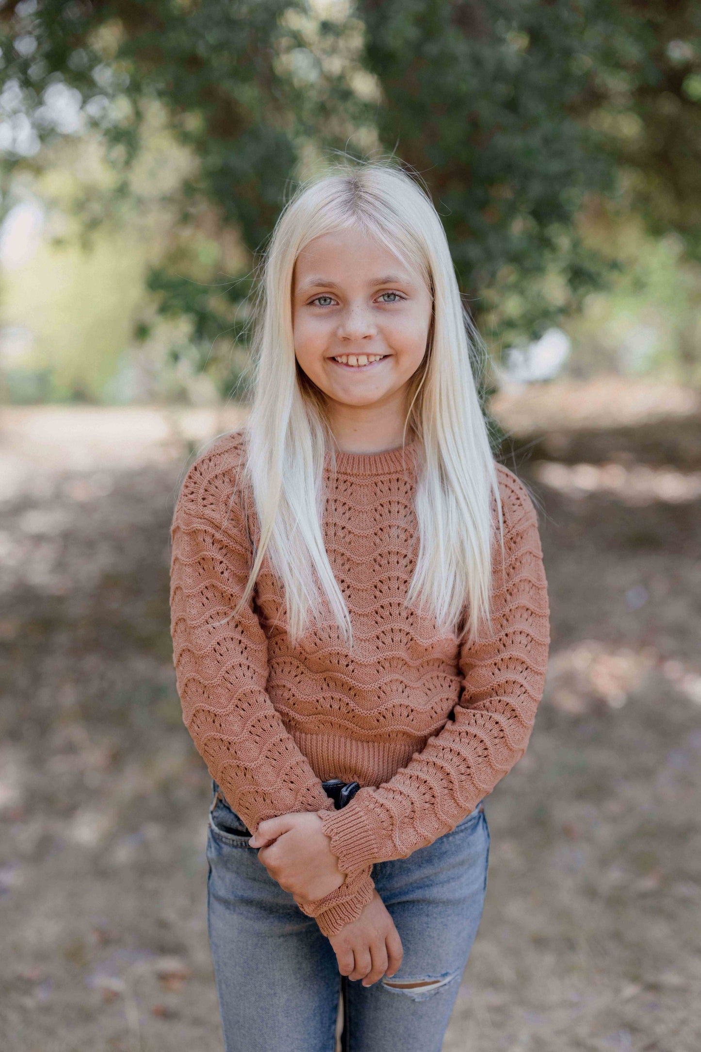 Young girl modeling Pull Over Wavy Pointelle Sweater