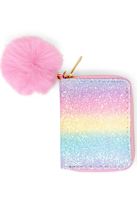 Glittery rainbow wallet with a pink pom-pom.