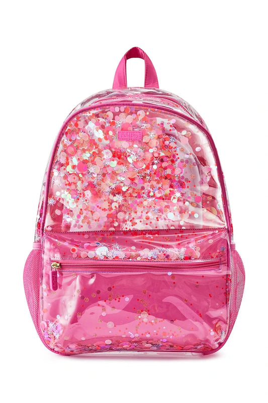 Pink backpack with glittery pink interior on a white background