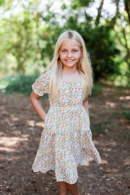 Girls Floral Print Smocked Puff Sleeve Dress