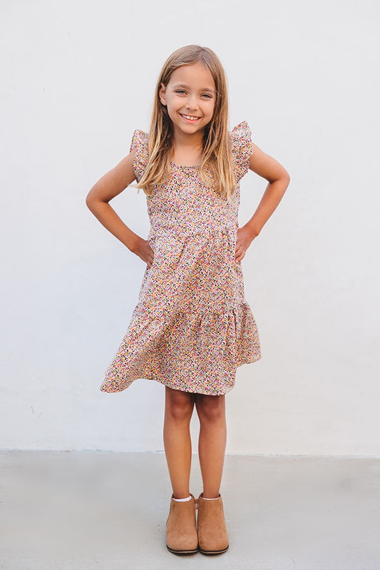 Girls Ditsy Floral Print Ruffle Tiered Sleeveless Dress