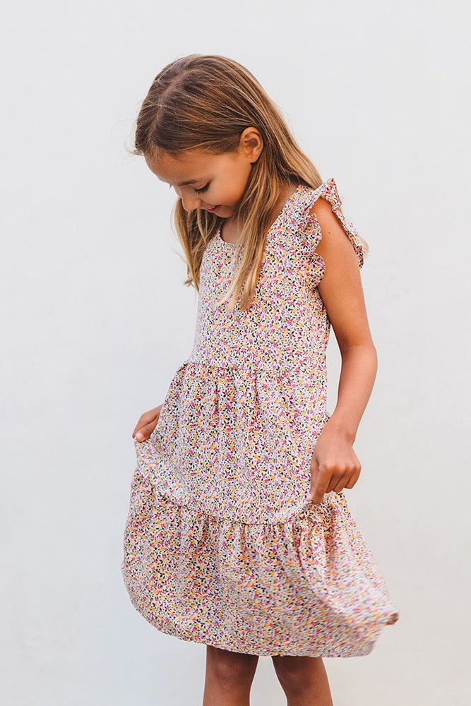 Girls Ditsy Floral Print Ruffle Tiered Sleeveless Dress