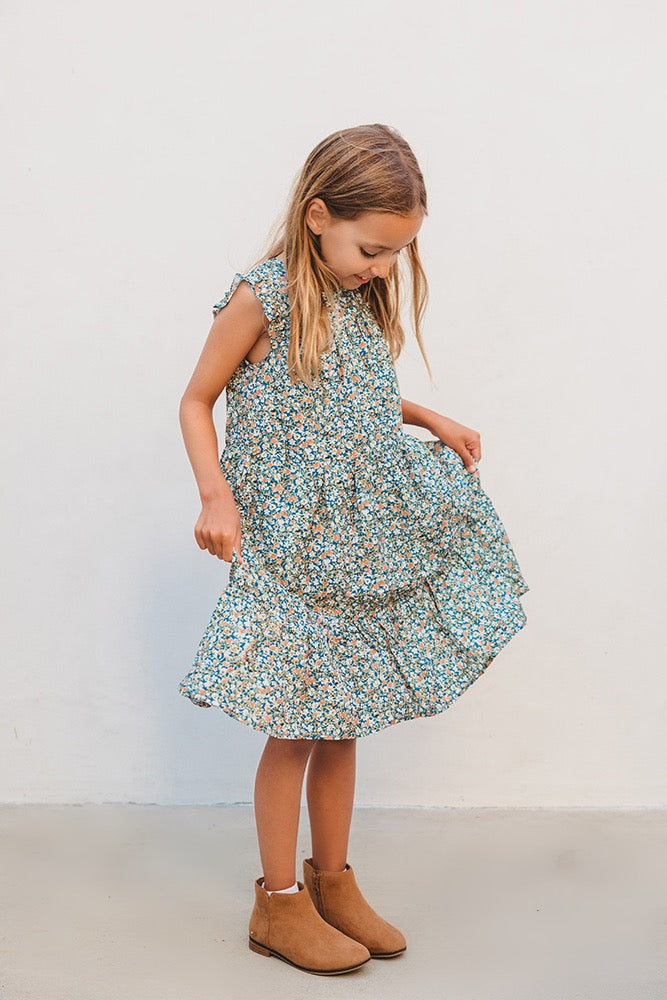 Girls Ruffle Sleeve Tiered Floral Dress