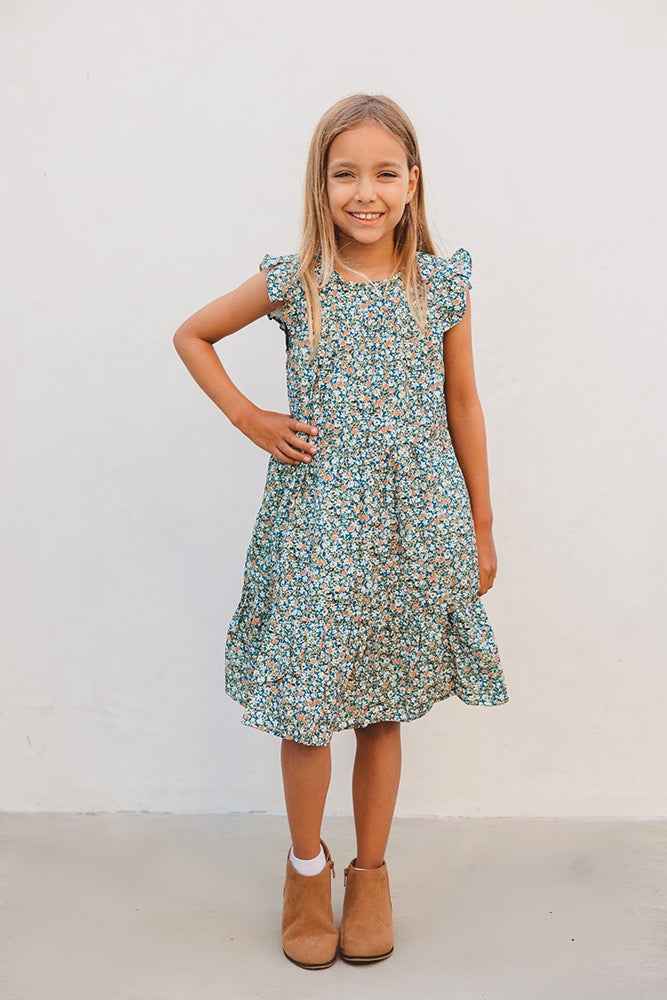 Girls Ruffle Sleeve Tiered Floral Dress